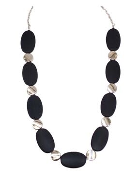 Black and silver bead necklace with long flat black beads round silver beads New